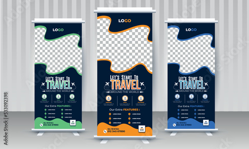 Travel the world business agency x stand rollup pullup retractable signage banner design vector template