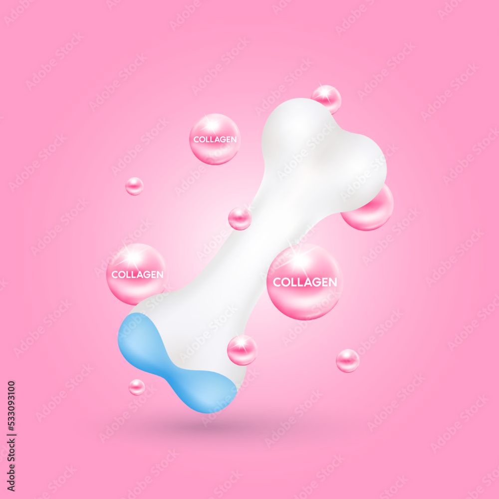 Bone healthy and collagen fall to the ground. Cartilage model isolated on pink background. Vitamins minerals care knee joint. Medical concept. Realistic 3D vector. Bone healthy and collagen fall to the ground. Cartilage model isolated on pink background. Vitamins minerals care knee joint. Medical concept. Realistic 3D vector.