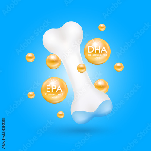 Bone healthy and omega EPA DHA fall to the ground. Cartilage model isolated on blue background. Vitamins minerals care knee joint. Medical concept. Realistic 3D vector.