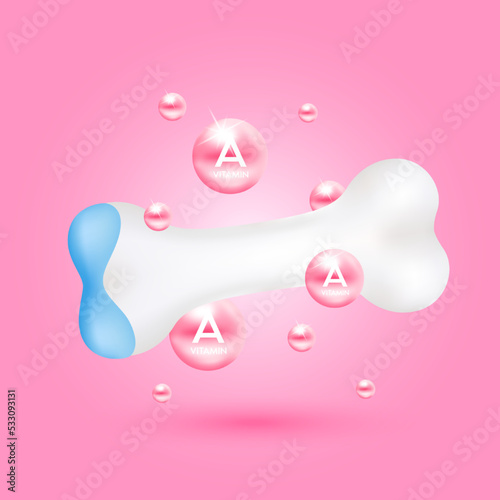 Bone healthy and vitamin A D3 fall to the ground. Cartilage model isolated on pink background. Vitamins minerals care knee joint. Medical concept. Realistic 3D vector.