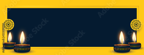 diwali modern web wide banner with glowing diya and text space