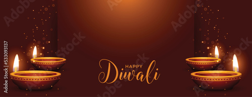 shinny happy diwali banner with realistic oil diya in brown background