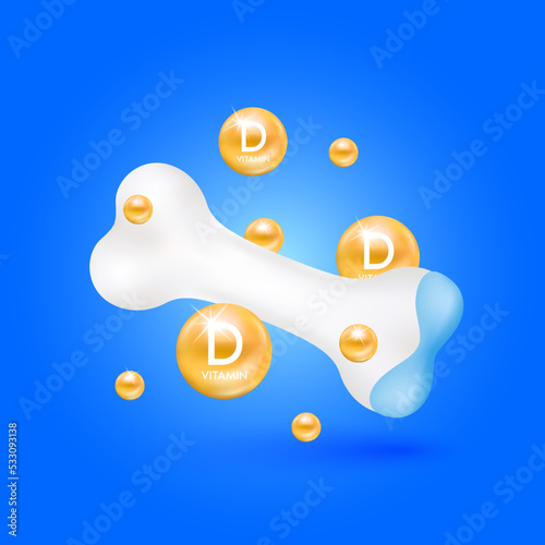 Bone healthy and orange vitamin D fall to the ground. Cartilage model isolated on blue background. Vitamins minerals care knee joint. Medical concept. Realistic 3D vector.