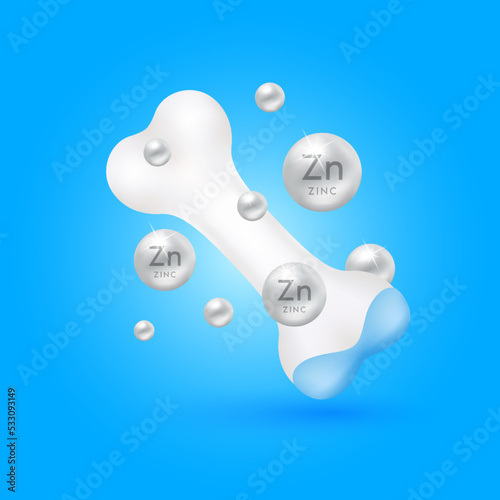 Bone healthy and zinc fall to the ground. Cartilage model isolated on blue background. Vitamins minerals care knee joint. Medical concept. Realistic 3D vector.
