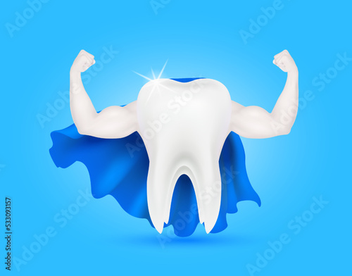 Tooth healthy sparkling and strong muscle with calcium fluorine. Teeth with blue veil isolated on a dark background. Can be used in children dentist clinic. Medical health concept. 3D vector.