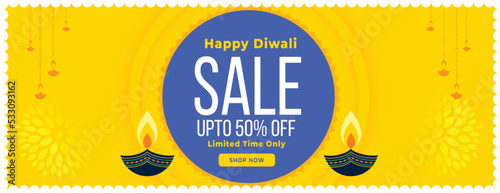 happy diwali yellow sale banner with artistic diya
