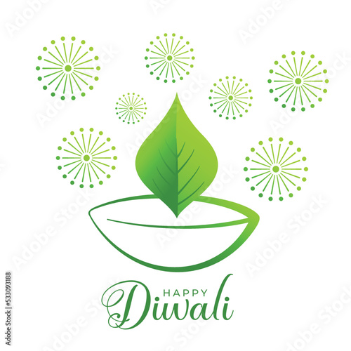 creative diya with leaf design for eco green diwali background