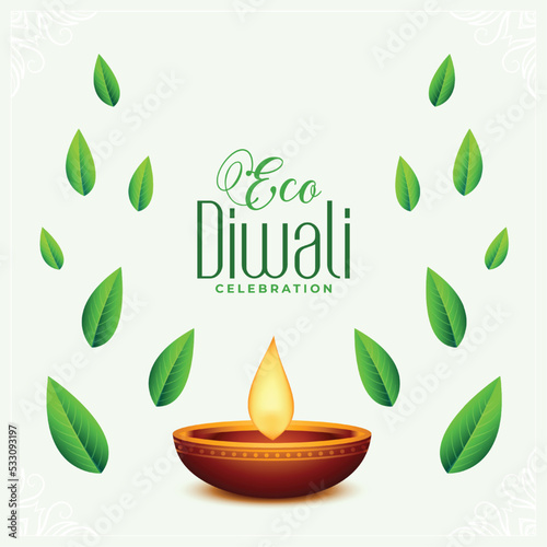 realistic diya and leaf design for green diwali occasion background