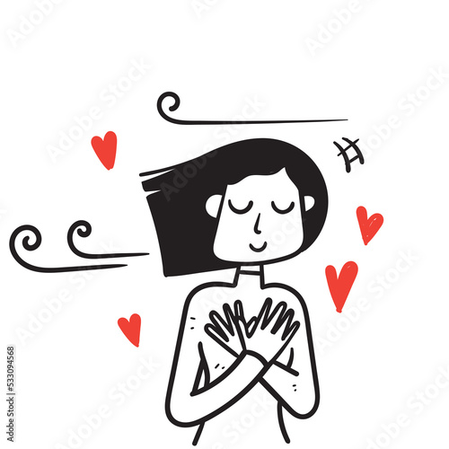 hand drawn doodle woman keep hands at heart love self illustration