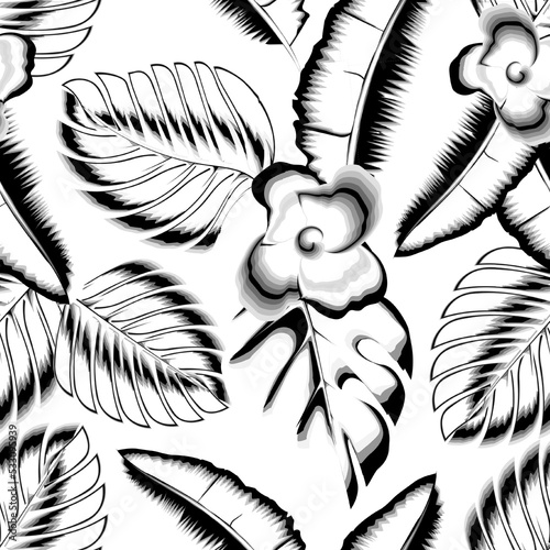 vintage foliage background seamless pattern with tropical banana monstera leaves and abstract floral plant on white background. Floral background. old jungle background. natural. outline. contemporary