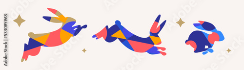 Collection of running, jumping rabbits in modern trendy geometric style. Chinese new year 2023, year of the rabbit Chinese zodiac symbol. Modern art design for branding, packaging, greetings, ads