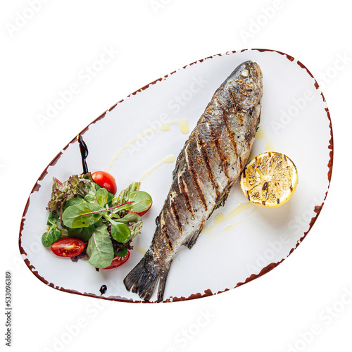 Portion grilled sea bass fish with salad