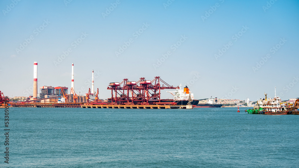 Dock cranes loading containers, trade port, shipping