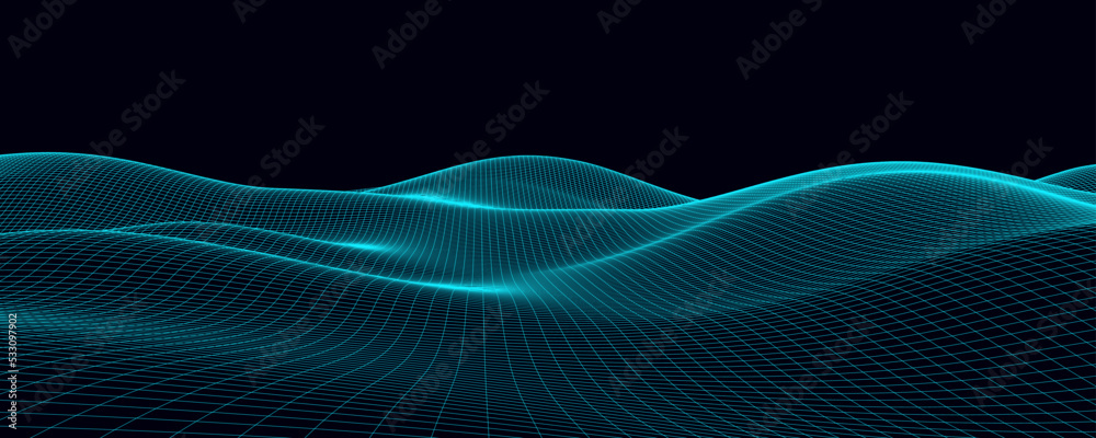 Digital wavy wireframe landscape. Futuristic linear undulating terrain. Digital cyberspace in mountains with valleys. Vector illustration. Digital wavy wireframe landscape. Futuristic linear undulating terrain. Digital cyberspace in mountains with valleys. Vector illustration.