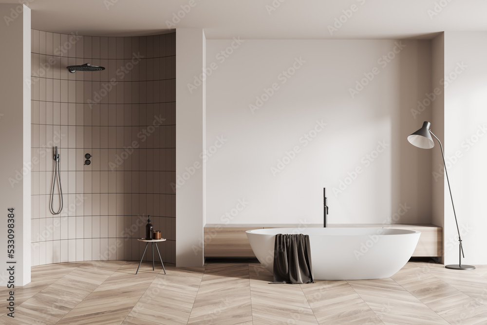 Light bathroom interior with bathtub and douche. Mockup empty wall Stock  Illustration | Adobe Stock