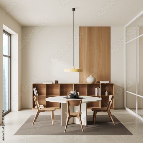 Light living room interior with dining table and seats  shelf with window