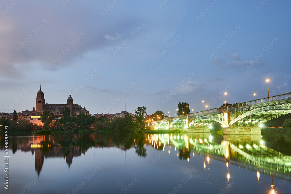 Fototapeta premium Cathedral of Salamanca at night and Enrique Esteban Bridge view