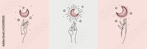 Outline sketch, set of female icons for cosmetics, astrology, tarot, female hand and magic crescent, vector mystical boho illustration. Background for design, cute cover.