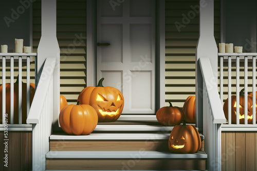Fotografi Row of pumpkins on the doorstep at nighttime