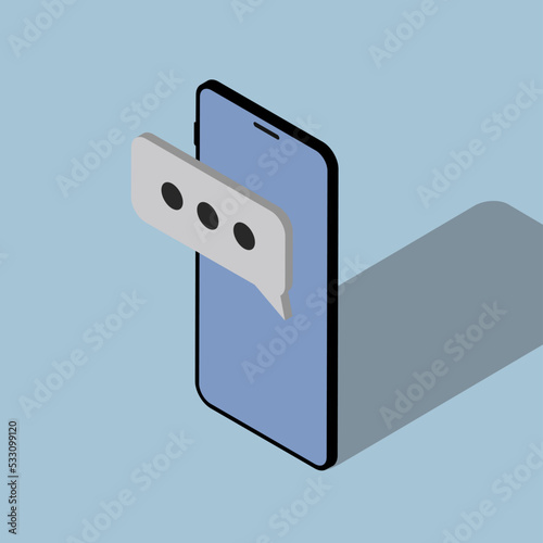 Smartphone. 3D smartphone. Isometric phone. Pop-up notification. Chat. Blue background. Colored illustration. Isometric illustration