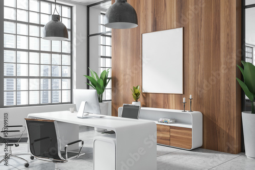 Photography Light consulting interior desk and armchairs, panoramic window