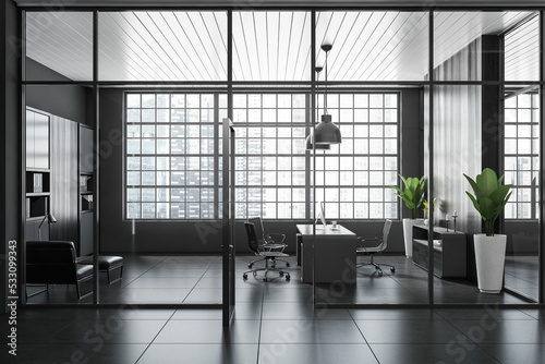 Grey business interior with consulting area, desk and panoramic window