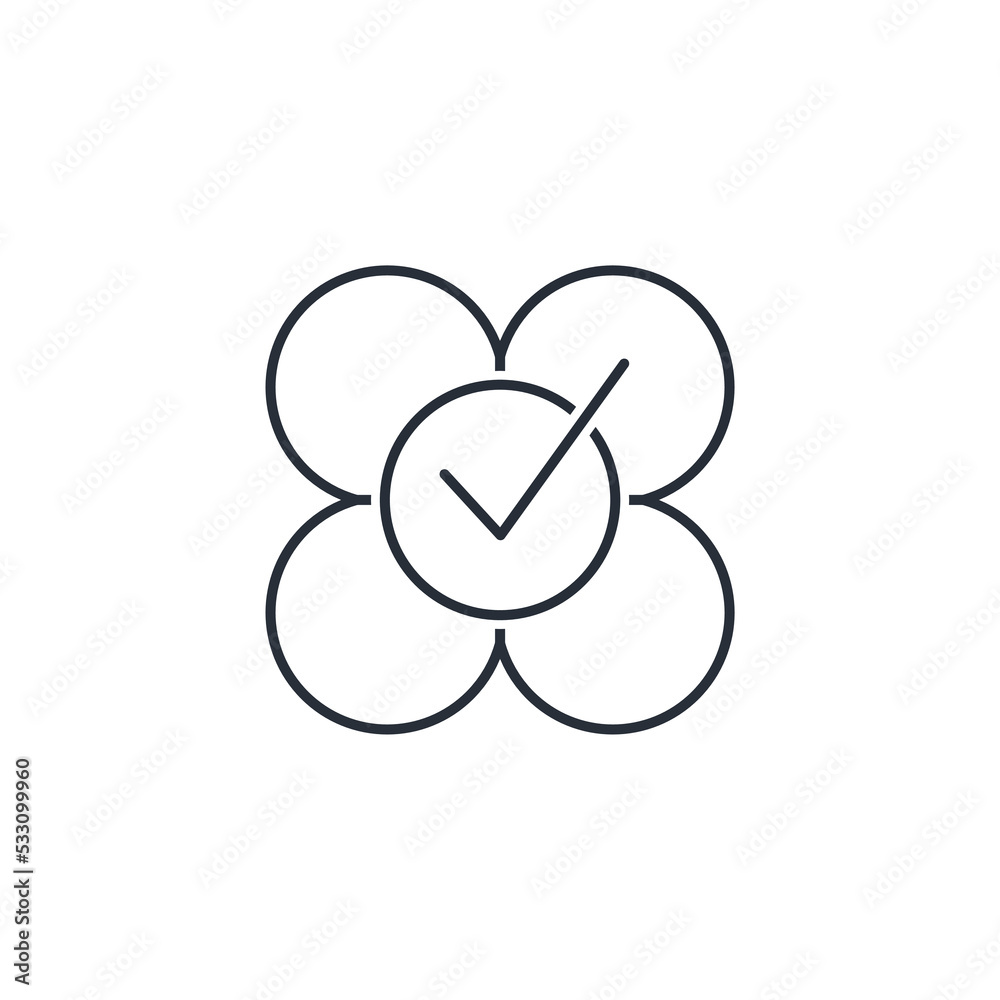 Flower and check mark. Confirmation of the natural quality of the product. Vector linear icon isolated on white background. Flower and check mark. Confirmation of the natural quality of the product. Vector linear icon isolated on white background.