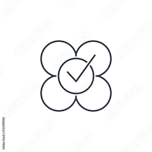 Flower and check mark. Confirmation of the natural quality of the product. Vector linear icon isolated on white background.