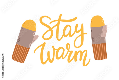 Winter woolen mittens lettering flat design vector