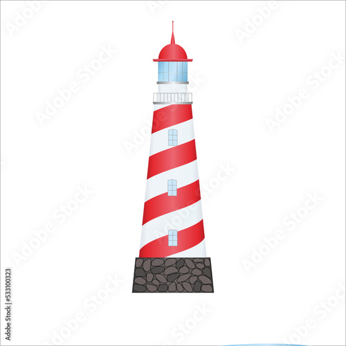 Lighthouse navigation object tower, template vector illustration isolated on white background. Beacon or flashing beacon.