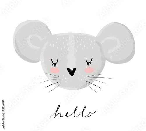 Sweet Little Mouse with a Heart-shaped Nose. Gray Mouse Head and  Black Handwritten "hello" on a White Background. Lovely Nursery Vector Illustration ideal for Card, Wall Art, Poster.Kids' Room Decor.