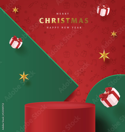 Merry Christmas banner with product display cylindrical shape and festive decoration for christmas