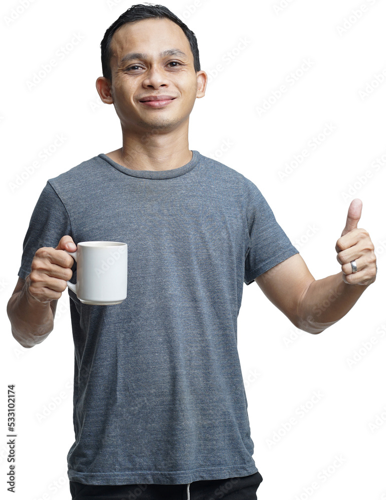 Asian chinese man holding white mug standing over isolated white background happy with big smile doing ok sign, thumb up with fingers, excellent sign Asian chinese man holding white mug standing over isolated white background happy with big smile doing ok sign, thumb up with fingers, excellent sign