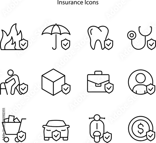 Insurance icons set. Family care, risk, help service. Car accident, flood insurance, protection icons, money savings, delivery risk.