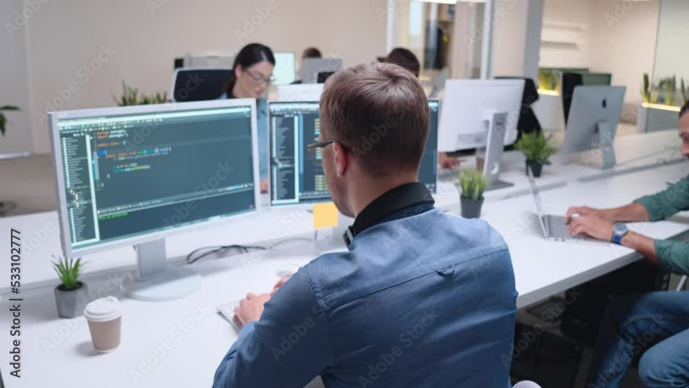 People work in modern office. Back view of male programmer coding on computer screen sitting in office. Professional man writing html code and programming on monitor indoor. Web development, developer
