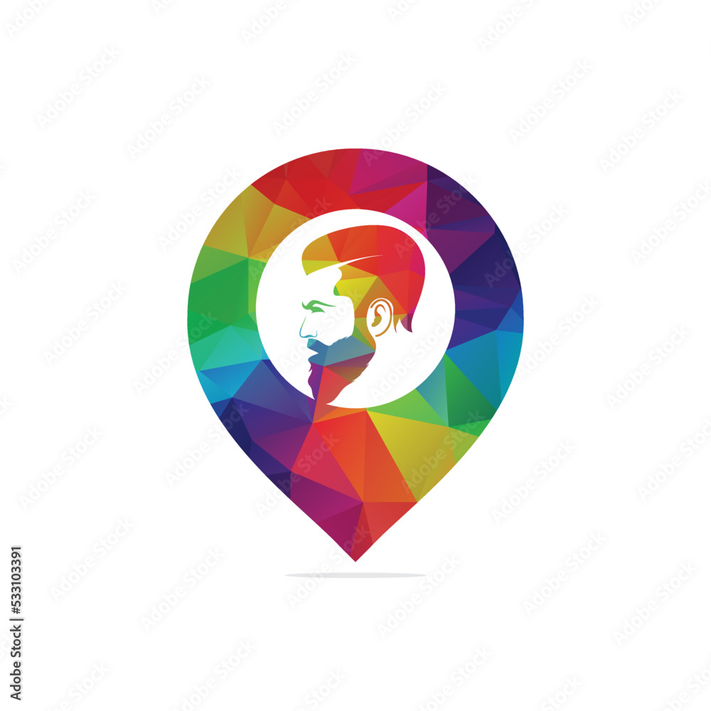 Obraz premium Gps man beard hipster barbershop vector emblem. Bearded man's face, hipster character.