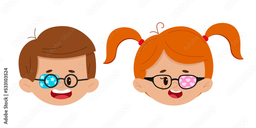 Amblyopia eye patch on boy and girl eyeglasses faces set isolated on white background. Cute ophthalmology kid avatar - strabismus children head icons. Flat design cartoon style vector illustration. 
