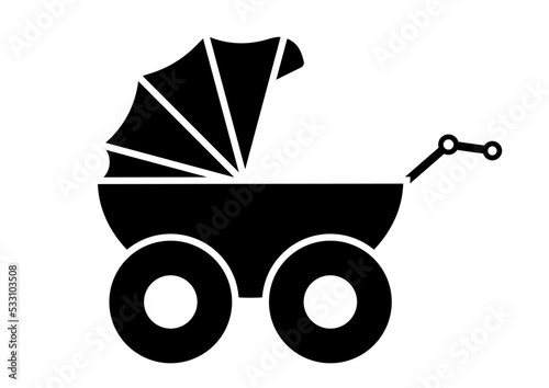 Baby carriage vector icon stroller silhouette isolated on white background. Sign of birth accessories - newborn pram pictogram. Flat design simple style buggy illustration.