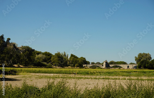 Farmland with the famous Avignon bridge background. The famous Avignon bridge from an unusual perspective.