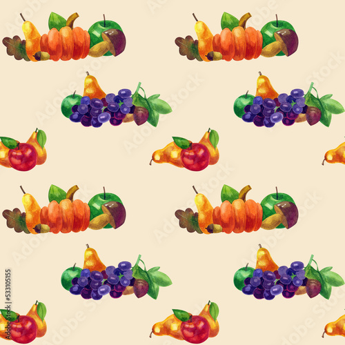 Autumn harvest, seamless pattern with sets of bright compositions of fruits and vegetables. Watercolor illustration. Pumpkin, apple, pear, grape, mushroom.