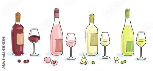 Set of four bottles of wine with glasses and snacks. Handmade picture in line style. Black contour with colored spots. Isolated on white background.  Vector flat illustration. Template for menu design