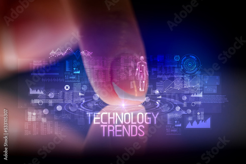 Finger touching tablet with web technology icons concept