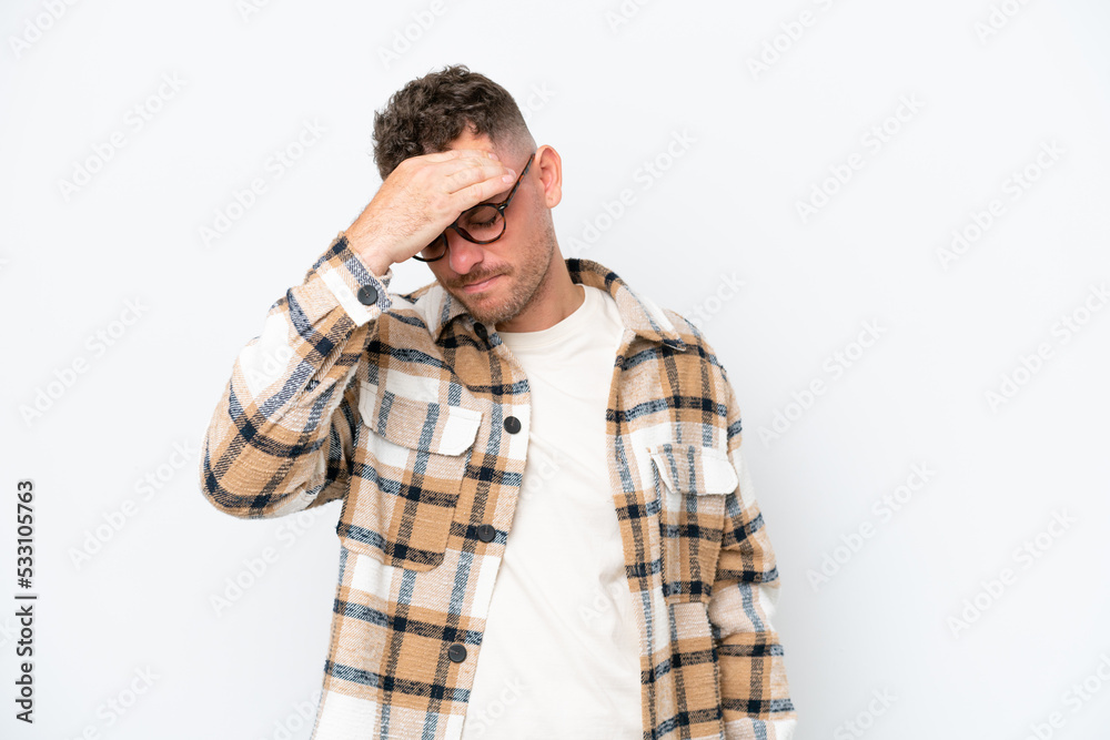 Young caucasian handsome man isolated on white background with headache Young caucasian handsome man isolated on white background with headache