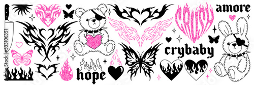 Y2k glamour pink stickers. Butterfly, kawaii bear, fire, flame, chain, heart, tattoo and other elements in trendy emo goth 2000s style. Vector hand drawn icon. 90s, 00s aesthetic. Pink, black colors. photo