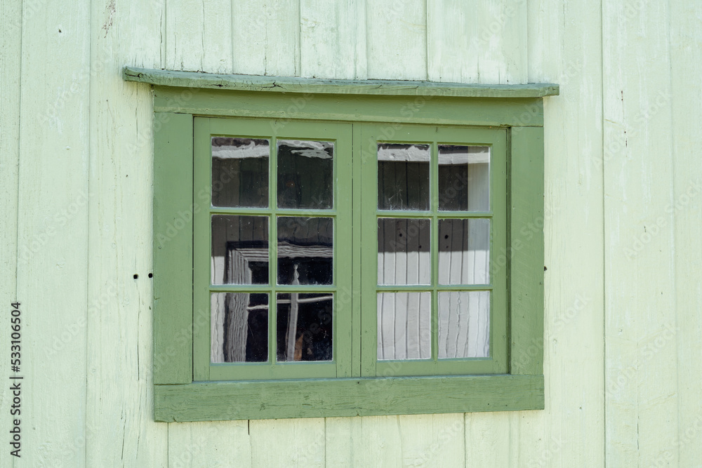 Traditional routed window from Valdres Folk Museum, Norway.