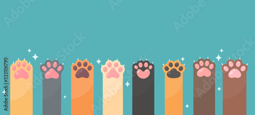 Dog and cat paws with sharp claws. cute animal footprints