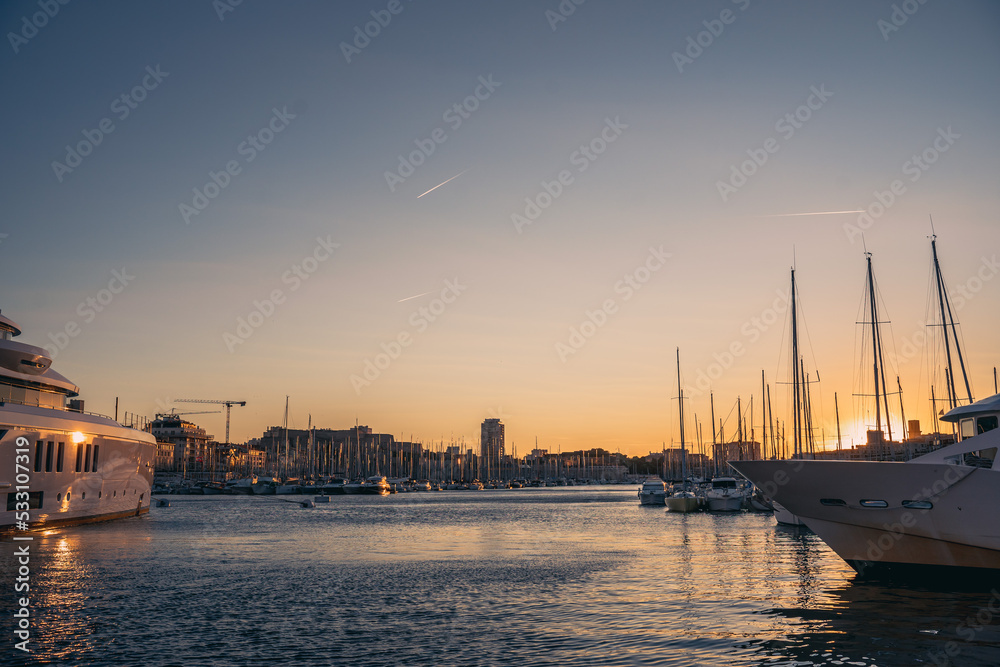 Beautiful sunset at the famous Port de Marseille