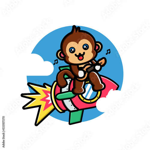Cute monkey playing guitar on the rocket