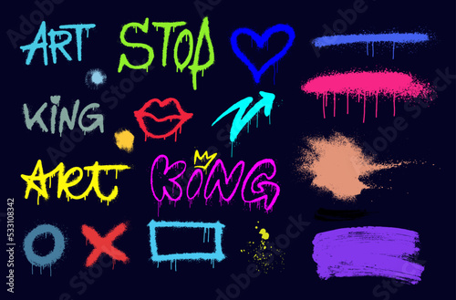 Set of graffiti spray pattern. Collection of colorful symbols, heart, lips, text Art, king, stop, crown, dot and stroke with spray texture. Vector elements for banner, decoration, street art and ads.