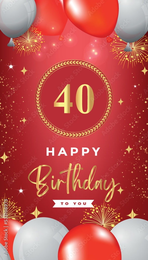 40th Birthday celebration with red and white balloons, gold frames, fireworks on red background. Premium design for ceremony, banner, poster, birthday invitations, and Celebration events.